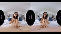 Nerdy brunette in glasses rides her sex doll in virtual reality