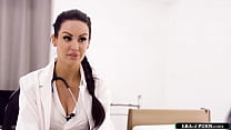 nurse takes care of a students erection by giving him a handjob.The big tits milf kisses him and sucks his big cock.Then the brunette is fucked